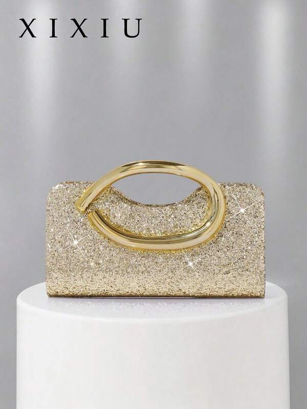 1pc Women Metal Handle Clutch Evening Bag,Sparkling Rhinestone Sequin Metal Box Bag With Detachable Metal Chain,For Wedding,Party,Ball,Formal Occasion