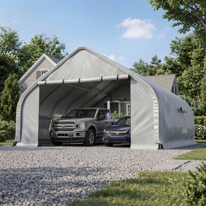20x20 FT Heavy Duty Curved Carport, Portable 2 Car Tent Garage With Reinforced Galvanized Steel Frame, Enclosed Car Port Canopy With Roll-Up Windows & Doors For Truck, Boat, Silver
