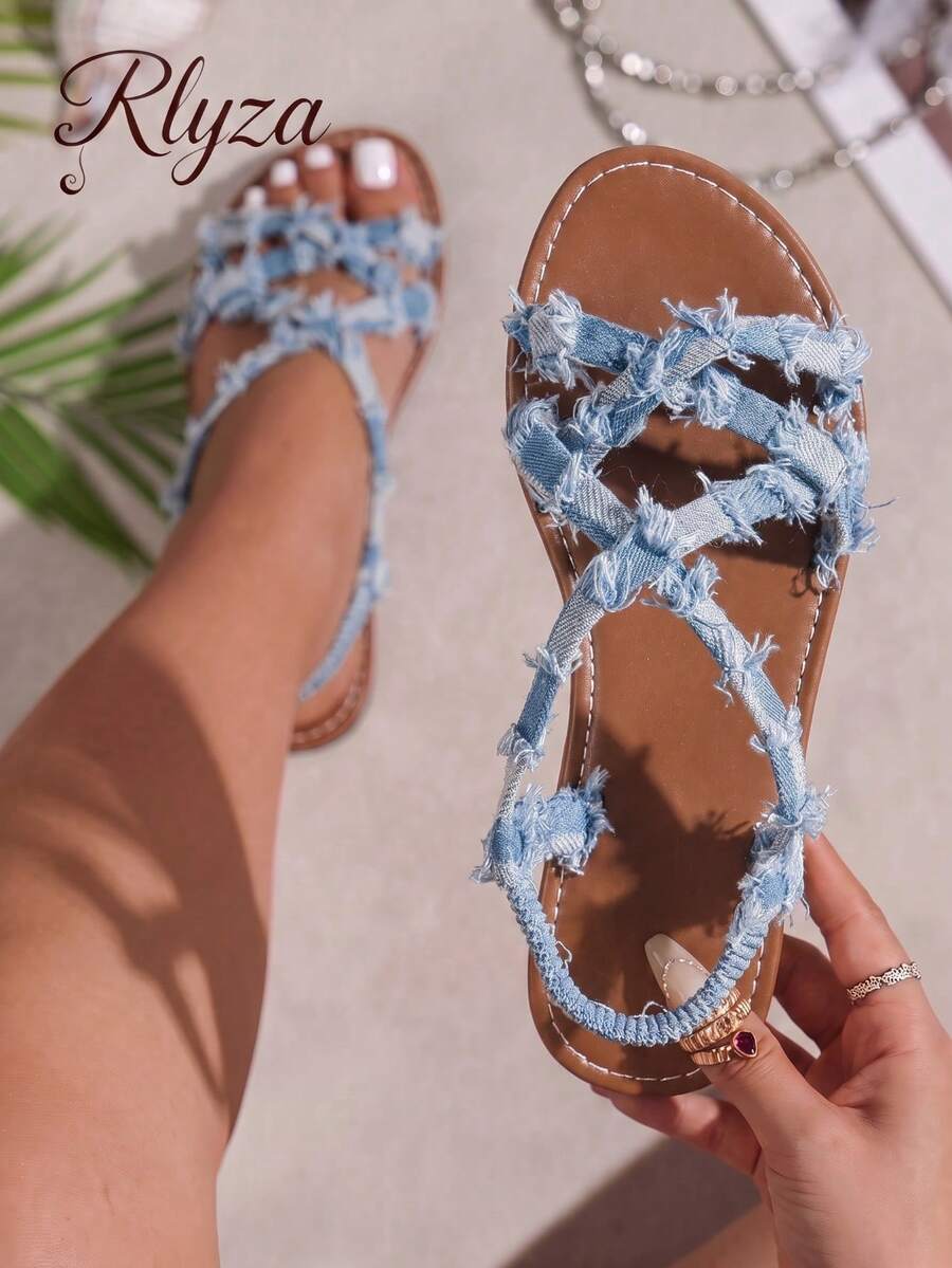Plus Size Women's Casual Fashionable Versatile Slip-On Flat Sandals, Spring/Summer,Beach Outfits - Blue - View 1