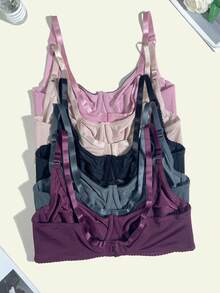 5pcs Solid Color Casual Comfortable Minimalist Side-Support Knit Fabric Bow Women's Plus Size Bra - Multicolor - View 2