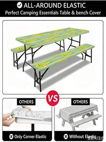 3 PiecesPicnic Tablecloth Set With Bench Cover, Elastic Edge Design, Line & Floral Pattern, Fresh Style, Washable Rectangular Tablecloth, Suitable For Weddings, Camping, Picnics, Garden Parties And More, Practical Essential - A - View 8