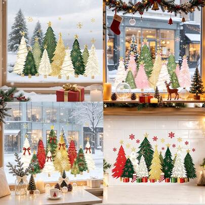 1/5pcs Christmas Tree Static Window Clings. With Multi-Color Glitter Pine Snowflake Gift Box Design, Double-Side Visible Removable Winter Xmas Decal Films For Kitchen Tile Cafe Shop Office Farmhouse Holiday Home Decor.