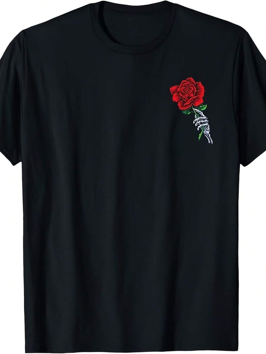 Skeleton Hand Holding Rose Aesthetic Red Flower T-Shirt - 款式 - 查看 1
