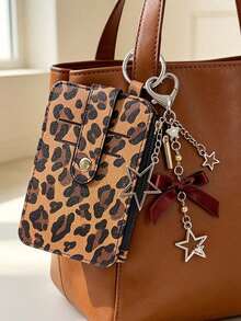 Multi‑Slot Leopard Print Card Holder With Star Bow Keychain,PU Mini Zipper Coin Purse,Thin Card Case Id Window,Portable Id Card Wallet Bag Charm - Multicolor - View 7