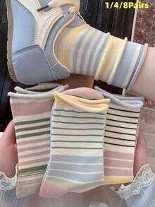 Korean Style INS Color Block Thin Striped Versatile Mid-Calf Socks, Japanese Retro Contrast Color Rolled Edge College Style Slouch Socks - Multicolor - View 10