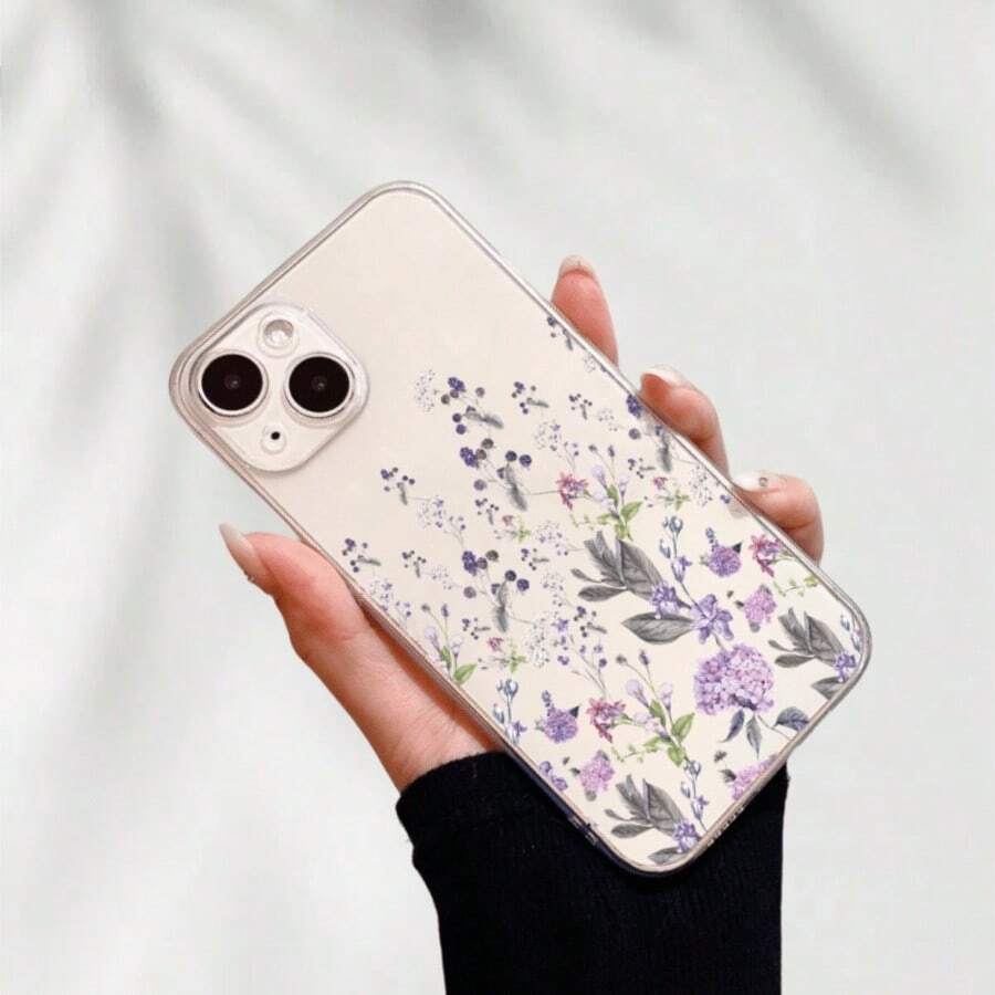 1 pieza Funda de teléfono de alta transparencia con patrón pintado de flores y hojas púrpuras a pantalla completa, creativa y de moda, carcasa blanda de TPU transparente resistente a caídas, arañazos y huellas dactilares, protección de lente de cámara compatible con Apple, Nothing, Pixel, - Multicolor - Ver 1