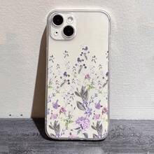 1 pieza Funda de teléfono de alta transparencia con patrón pintado de flores y hojas púrpuras a pantalla completa, creativa y de moda, carcasa blanda de TPU transparente resistente a caídas, arañazos y huellas dactilares, protección de lente de cámara compatible con Apple, Nothing, Pixel, - Multicolor - Ver 3