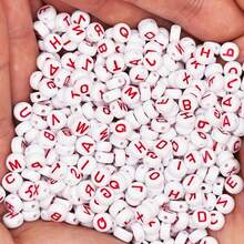 100/500/1000pcs 4*7mm White Round Acrylic Letter Beads With Red Letters, Suitable For Bracelet And Jewelry Making - Multicolor - View 2