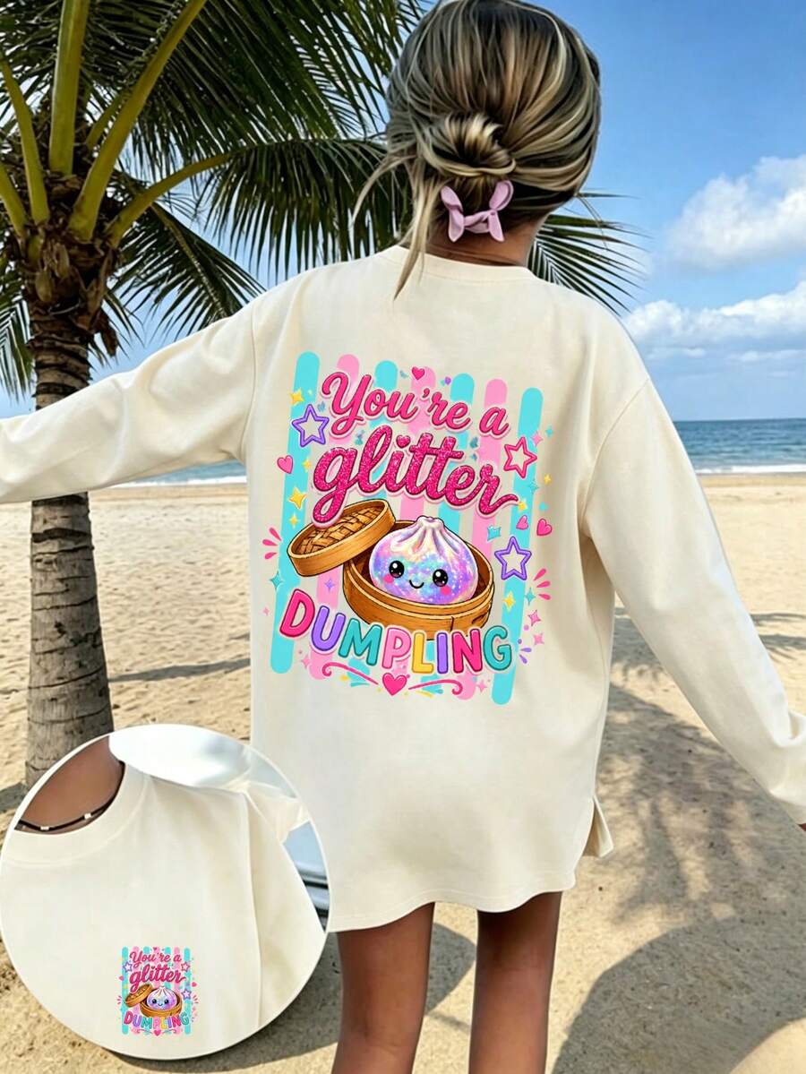 Tween Girls Long Sleeve Tee, You're A Glitter Dumpling Bamboo Steamer Back Graphic Print, Fall Winter Casual Daily Tops - Apricot - View 1