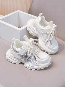 1 Pair New Girls' Sequin Rhinestone Thick Sole Sneakers, Casual Fashion Breathable Height-Increasing Chunky Sneakers - Beige - View 2