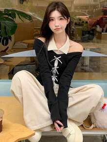 New Autumn/Winter Cold Shoulder Top Korean Style 2 Inn 1 Sweater Black - Black - View 3