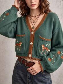 女款冬季休閒波西米亞風 V 領拼色藤蔓與狐狸刺繡長袖開襟針織衫，口袋設計羅紋針織上衣 - 棕色 - 查看 4