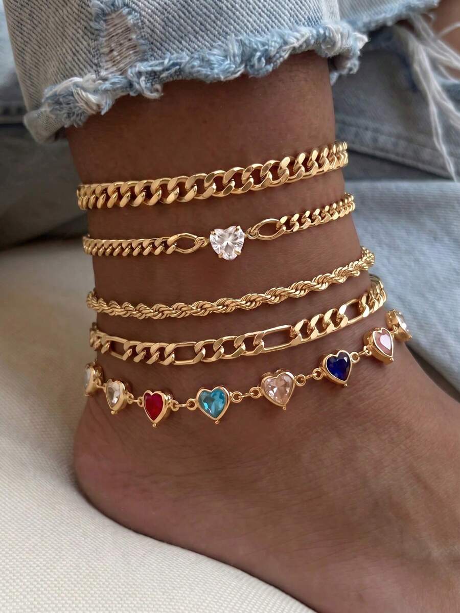 Juego de 5 tobilleras para mujer con cadena multicapa dorada, diseño único con elementos de corazón de strass de colores, adecuado para todas las ocasiones (color de strass aleatorio) - Dorado - Ver 1