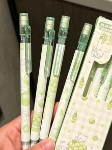 4pcs, Fruit Grape Cat Print Automatic Pencils, Pink Strawberry Cat Click Pencils, Summer Grape Print No-Sharpening Pencils, 0.5mm Lead - Grape - View 7