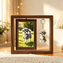Desktop Photo Frame With Cute Cartoon Animal Accessories, Pet Memorial Photo Frame With Hanging Keychain, Cat & Dog Photo Double-Layer Desktop Display Stand, Transparent Resin Pet Keychain, Embedded Real Hair Cat & Dog Pendant, Cute Dog 3D Building Block Pendant, Creative Pet Memorial Accessory - Brown + With Charm - View 1