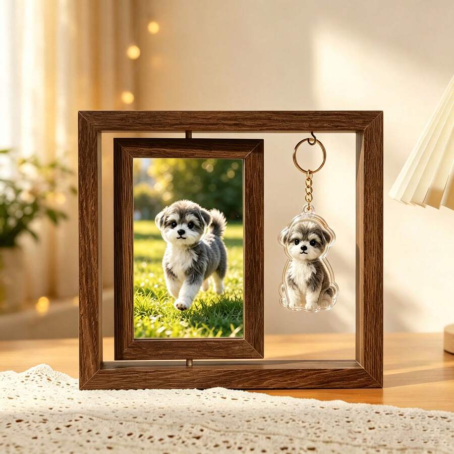 Desktop Photo Frame With Cute Cartoon Animal Accessories, Pet Memorial Photo Frame With Hanging Keychain, Cat & Dog Photo Double-Layer Desktop Display Stand, Transparent Resin Pet Keychain, Embedded Real Hair Cat & Dog Pendant, Cute Dog 3D Building Block Pendant, Creative Pet Memorial Accessory - Brown + With Charm - View 1
