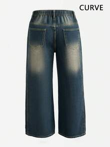 Plus Size Women's Retro Casual Loose Straight Leg Denim Maxi Pants, Fashionable & Versatile Spring Fall - Dark Wash - View 7