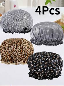 4pcs Mixed Print Waterproof Shower Caps, Leopard, Bear, Letter Patterns, New High-Quality Hair Protection Caps, Elastic Reusable Bathroom Shower Caps - Multicolor - View 12