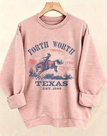 Women's Western Style Fort WorthTexasEST1849CowboyPatternHoodieSoftCrewNeckPulloverWith Cactus And Longhorn DesignComfortableCasualLongSleeve Sweater - 粉色3 - 查看 1