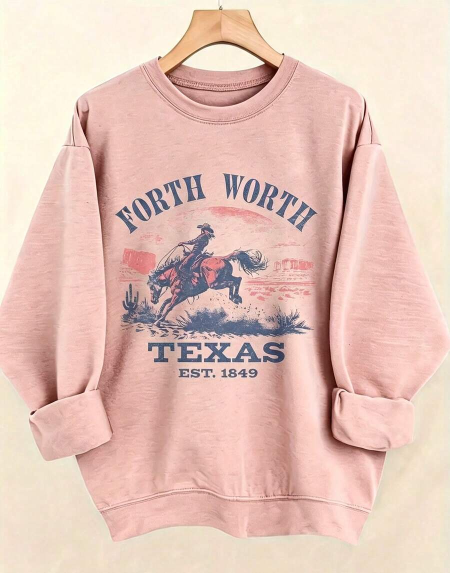 Women's Western Style Fort WorthTexasEST1849CowboyPatternHoodieSoftCrewNeckPulloverWith Cactus And Longhorn DesignComfortableCasualLongSleeve Sweater - 粉色3 - 查看 1