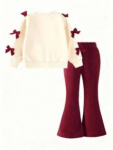 Tween Girl Letter Print Crew Neck Sweatshirt And Flare Pants Set - Apricot - View 3