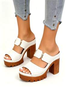 Women's High Heel Sandals Solid Color Hook & Loop Closure Plus Size Wide Fit Lightweight Comfortable Chunky Heel Casual Commute Slip-On Sandals Slides Minimalist Summer Beach Style Slip-On Slides - White - View 6