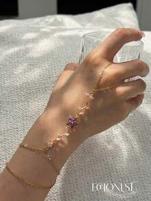 EchoNest 1pc Gold Stainless Steel Purple Flower Finger Chain Bracelet With Zirconia, Holiday Party Finger Chain Decorative Accessory - Yellow Gold - View 2