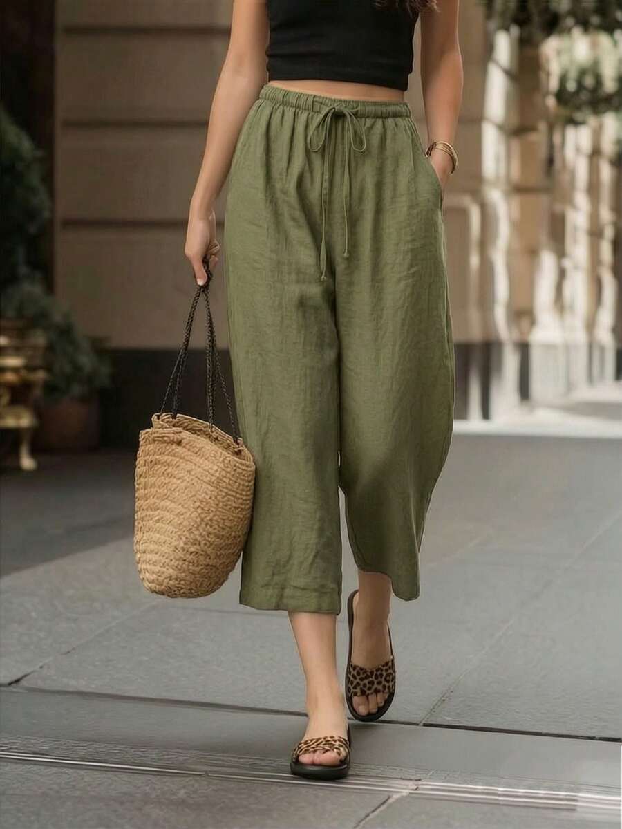 Women's 7/8 Length Wide Leg Pants, Summer New Elastic Waist Drawstring Breathable Slouchy Loose Casual Pants, Suitable For Daily Wear - Army Green - View 1