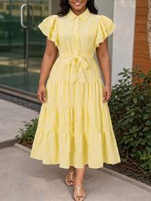 NOU Women's Long Dress With Formal Collar, Front Button Closure, Waist Tie, Flared Sleeves, Lightweight And Breathable Fabric, Suitable For Spring/Summer Wear, Casual, Work, Commute, Elegant Striped Long Dress With Double-Layer Design And Buttons, Suitable For Wedding, Holiday, Office, Tea Party, Spring/Autumn - Multicolor - View 4