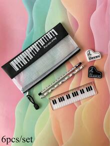 6pcs/Set Music Piano Pencil Bag Zipper Stationery Pouch School Students Ruler Pencil Eraser Pens Organizer Bag Back To School Gift - Pencil Case Set - View 6
