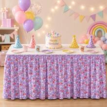 Pink Purple Cherry Daisy Floral Table Skirt, Red Cherry Floral Print Elastic Table Skirt With Pleats, Polyester Decorative Table Edge Skirt, Suitable For Decorating Dessert Cake Tables In Birthday Party Buffet - Multicolor - View 1