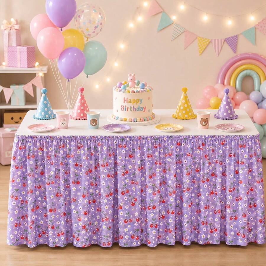 Pink Purple Cherry Daisy Floral Table Skirt, Red Cherry Floral Print Elastic Table Skirt With Pleats, Polyester Decorative Table Edge Skirt, Suitable For Decorating Dessert Cake Tables In Birthday Party Buffet - Multicolor - View 1