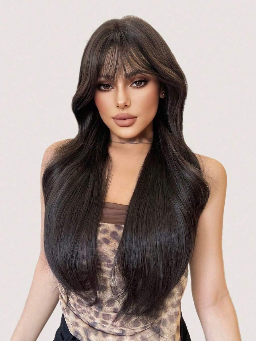 alicegarden 30-Inch Long Synthetic Wig Featuring A Natural Wavy Style In A A Stunning Black-Brown. Designed With Bangs , This False Hairpiece Is Perfect For Ms Daily Party Cosplay Use, Offering A Natural And Natural Durable Wig Gift For Ladies., Halloween - Black Brown - View 1