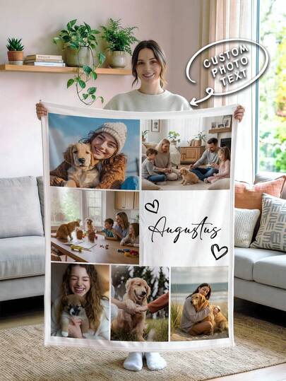 1pc Customized Flannel Photo Blanket, Suitable For Bed, Living Room, Sofa, Outdoor, Beach, Camping, Pets And More Occasions, Collage Blanket, Personalized Family/Pet/Couple Photo Print Bedding Blanket, Personalized Christmas Gift, Mother's Day/Father's Day Gift, Family Gift, Birthday Gift, Gift For Friends