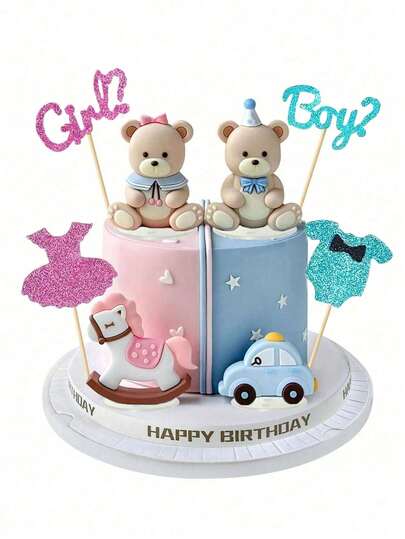 1 Set Or 1 Gender Reveal Cake Topper Set, Includes Blue & Pink Bear Figurines, Blue Car & Pink Rocking Horse Cake Decorations, Pink & Blue Letters And Clothing Cake Toppers. Suitable For Gender Reveal Parties, Baby Showers And Birthday Parties.