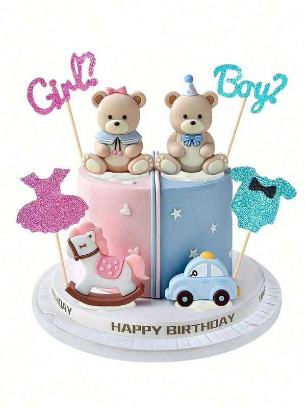 1 Set Or 1 Gender Reveal Cake Topper Set, Includes Blue & Pink Bear Figurines, Blue Car & Pink Rocking Horse Cake Decorations, Pink & Blue Letters And Clothing Cake Toppers. Suitable For Gender Reveal Parties, Baby Showers And Birthday Parties.