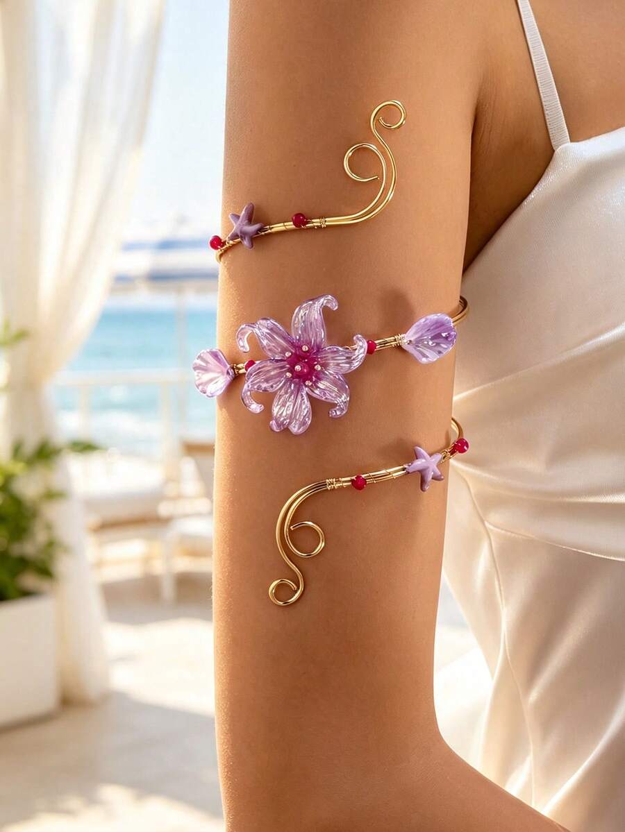 1pc Purple Flower Arm Cuff With Starfish Wrap, Beach Vacation Vibe Arm Accessory - Purple - View 1