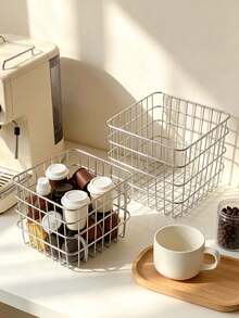 1pcsSquare Wire Metal Storage Basket, Open‑Top Metal Organizer Bin, Multi‑Scene Household Storage For Coffee Capsules, Skincare Bottles, Cosmetics And Sundries, For Bathroom Kitchen Vanity Countertop - Multicolor - View 2