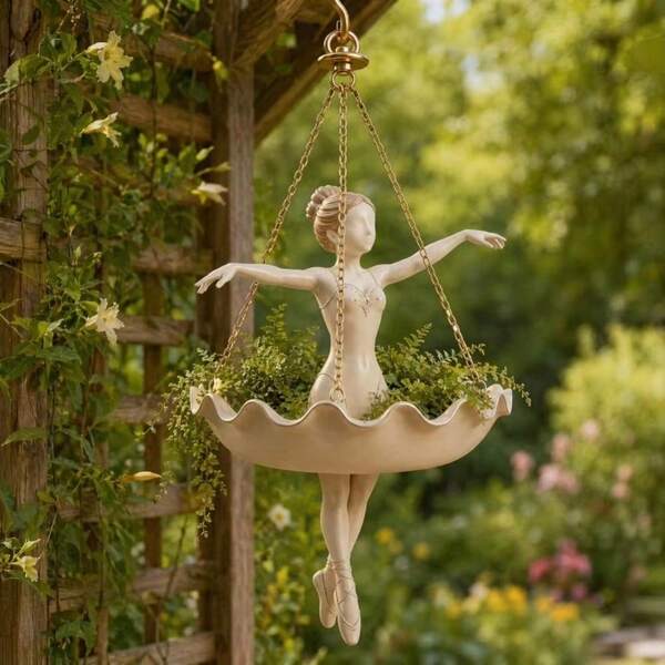 Resin Ballet Dancer Hanging Planter, Whimsical Fairy Flower Pot, Hand Carved Vintage Basket, Elegant Indoor Hanging Plant Decor