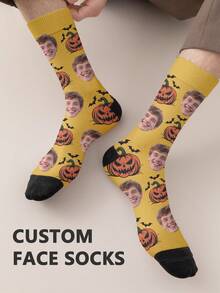 1 Pair Customized Face Photo Men's Halloween Socks, Halloween Costume, Birthday, Valentine's Day Gift, Halloween Prank Gadget, Colorful Cartoon Print, Combines Personality And Fun, Suitable For Daily Wear, Home, Commuting - Multicolor - View 2