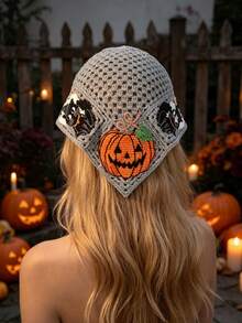 1pc Handmade Crochet Halloween Theme Headscarf, Fun Ghost & Eye Pattern, Tie-Up Triangle Hair Bandana, Party/Daily Versatile Hair Accessory - A - View 6