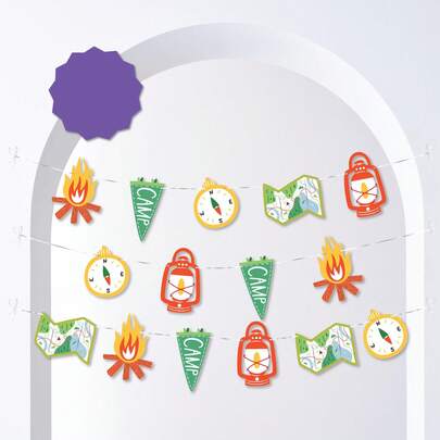 1Set,Happy Camper Birthday Party DIY String Banner Garland, Cartoon Campfire Compass Lantern Map Paper Bunting, Outdoor Adventure Camping Hanging Decor For Camping Party, Backyard,Birthday & Wall Backdrop Supplies