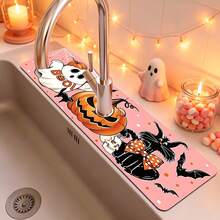 1pc Halloween Ghost Pumpkin Pattern Sink Faucet Absorbent Mat, Drainage Mat, Suitable For Kitchen, Bathroom Sink, Countertop, Drainage Mat, Diatomaceous Earth Material, Trimmable, Quick Dry Mat - Multicolor - View 4