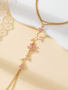 EchoNest 1pc Gold Stainless Steel Pink Flower Linked Finger Bracelet With Zirconia, Vacation Party Finger Chain Decorative Accessory - Yellow Gold - View 3