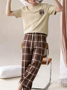 Men's Summer Crew Neck Casual T-Shirt And Casual Long Pants Loungewear Set - Apricot - View 3