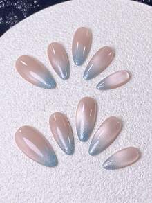 10pcs Kuku Tempel Almond Buatan Tangan dengan Set Lengkap Alat Manikur, Kuku Rhinestone Gradien Nude ke Biru, Dasar Nude dengan Gradien ke Bawah ke Biru Es, Dihiasi dengan Bubuk Rhinestone Glitter Halus di Ujungnya, Gaya Pulau Transparan, Tekstur Berkilau dan Lembut, Lembut dan Segar, Menawan untuk Tangan, Serbaguna untuk Pemakaian Sehari-hari dan Acara Luar Ruangan, Dapat Digunakan Kembali - Mint Blue - View 4