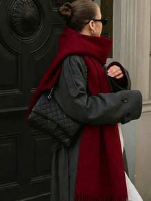 1pc Women's Solid Color Regular Faux Cashmere Scarf, Suitable For Seasonal Transition, Daily Wear, Windproof And Warm, Red For Christmas For Dress - Burgundy - View 14