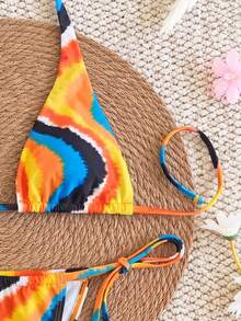 Spring/Summer New Colorful Printed Bikini Set, Halter Tie Design, Beach Vacation, Date, Party - Multicolor - View 5