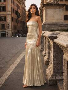 VIPGIRL Glamorous Light Gold Metallic Evening Dress Strapless Tube Top Ruched Drop Waist Mermaid Floor Length Formal Prom Wedding Guest Gala Party Maxi Fall - Gold - View 5