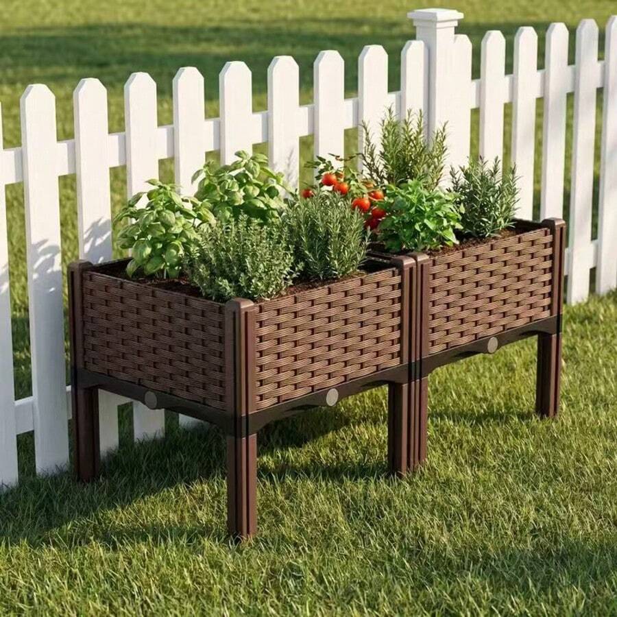 Freely Combinable Elevated Raised Garden Bed With Legs - Modular Outdoor Planter Box Suitable For Flowers, Vegetables & Herbs, Lightweight Durable Woven Black Plastic Growing Container, Thick Rectangular Bed For Balcony,, Small Gardens - 2 Units - View 1
